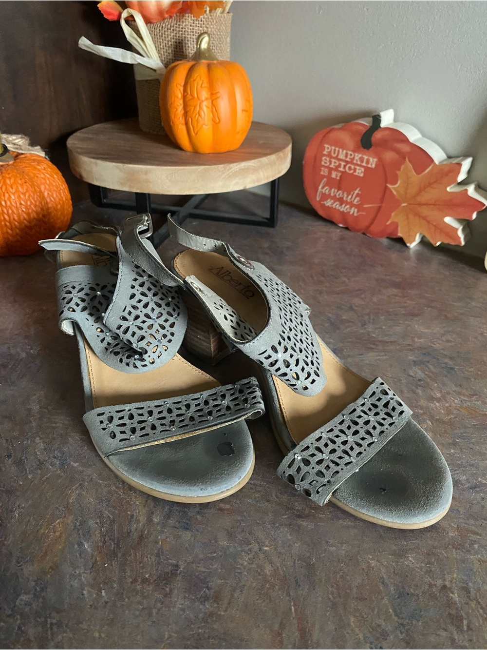 Alberto Fermani Gray Laser-Cut Open-Toe Slingback Sandals